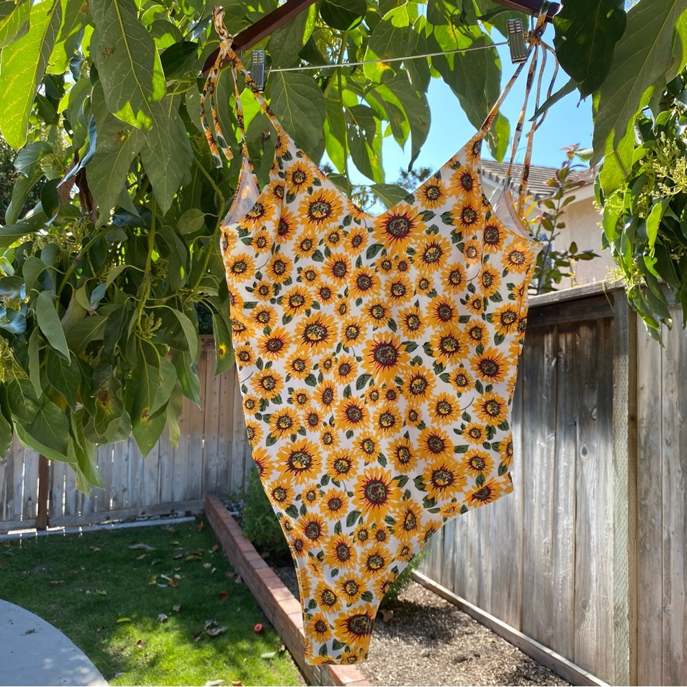 Sunflower one piece swim suit floral yellow green high rise cheeky bikini large